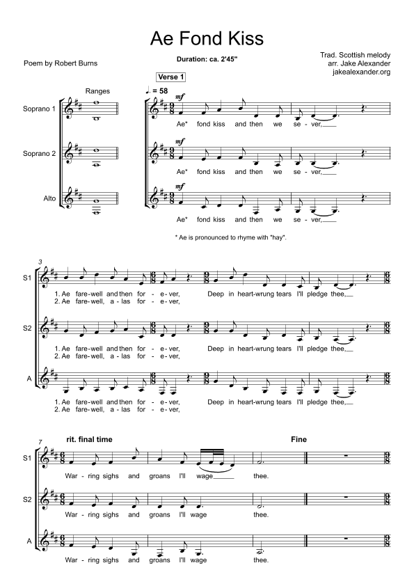 Ae Fond Kiss - SSA a cappella (arr. Jake Alexander)