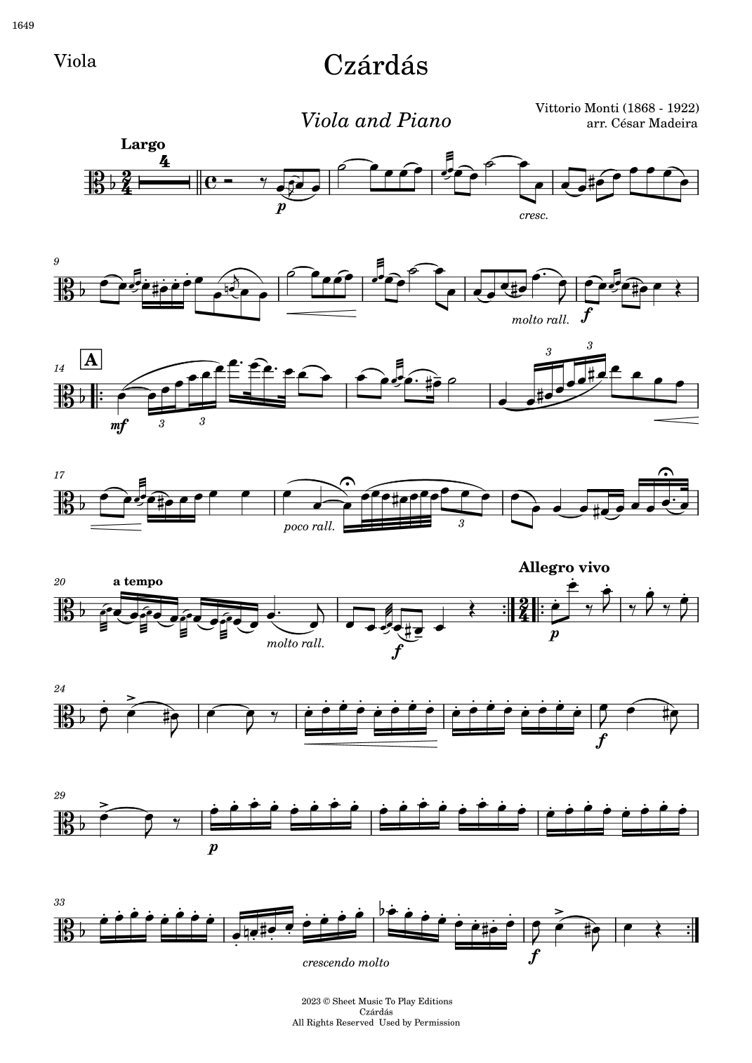 Czardas - Viola and Piano (Individual Parts) (arr. César Madeira)
