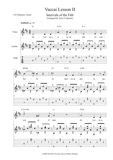 Vaccai-Lesson 2 Intervals of the Fith. Fortenor and soprano voice with guitar. (arr. Terry Carpenter)