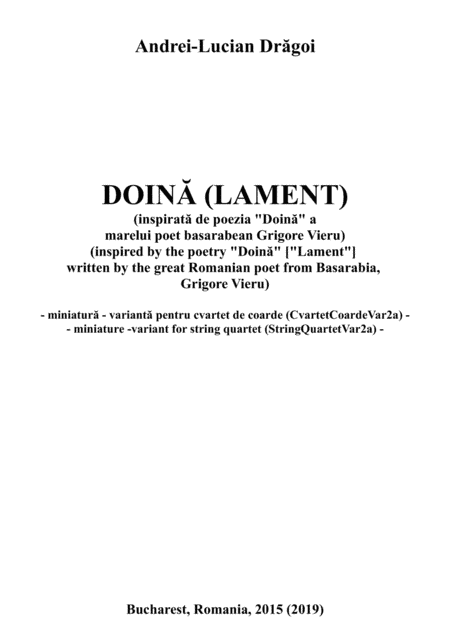 Lament ("Doina") -- vocal miniature arranged for string quartet (StringQuartetVar2a) (full score & p