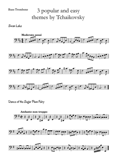 3 popular and easy themes by Tchaikovsky with accompaniment and chord symbols for Bass Trombone (arr. Leyandder Trustworthy)