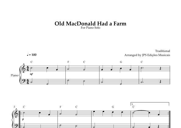 Old MacDonald Had A Farm for piano solo - Easy Beginner (arr. JPS Edições Musicais)