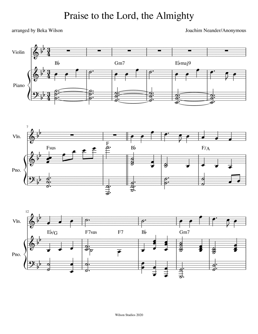 Praise to the Lord, the Almighty--advanced violin solo (arr. Beka Wilson)