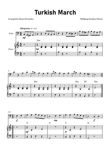 Turkish March by Mozart - Tuba and Piano with Chord Notations (arr. Glauco Fernandes)