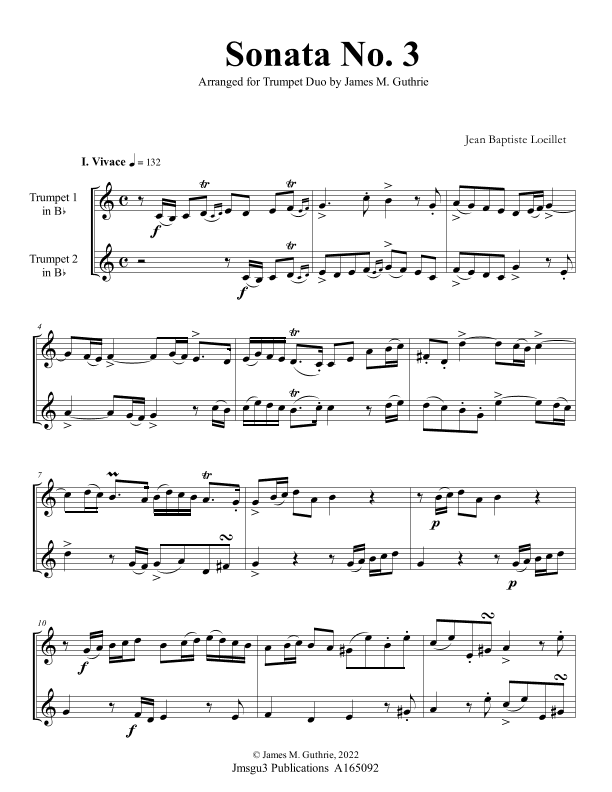 Loeillet: Sonata No. 3 for Trumpet Duo (arr. James M. Guthrie)