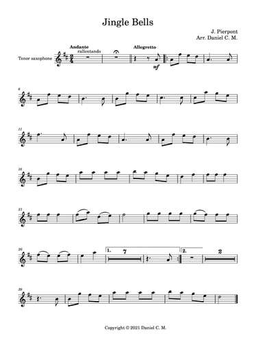 Jingle Bells for tenor saxophone and piano (easy) (arr. Daniel C. M.)