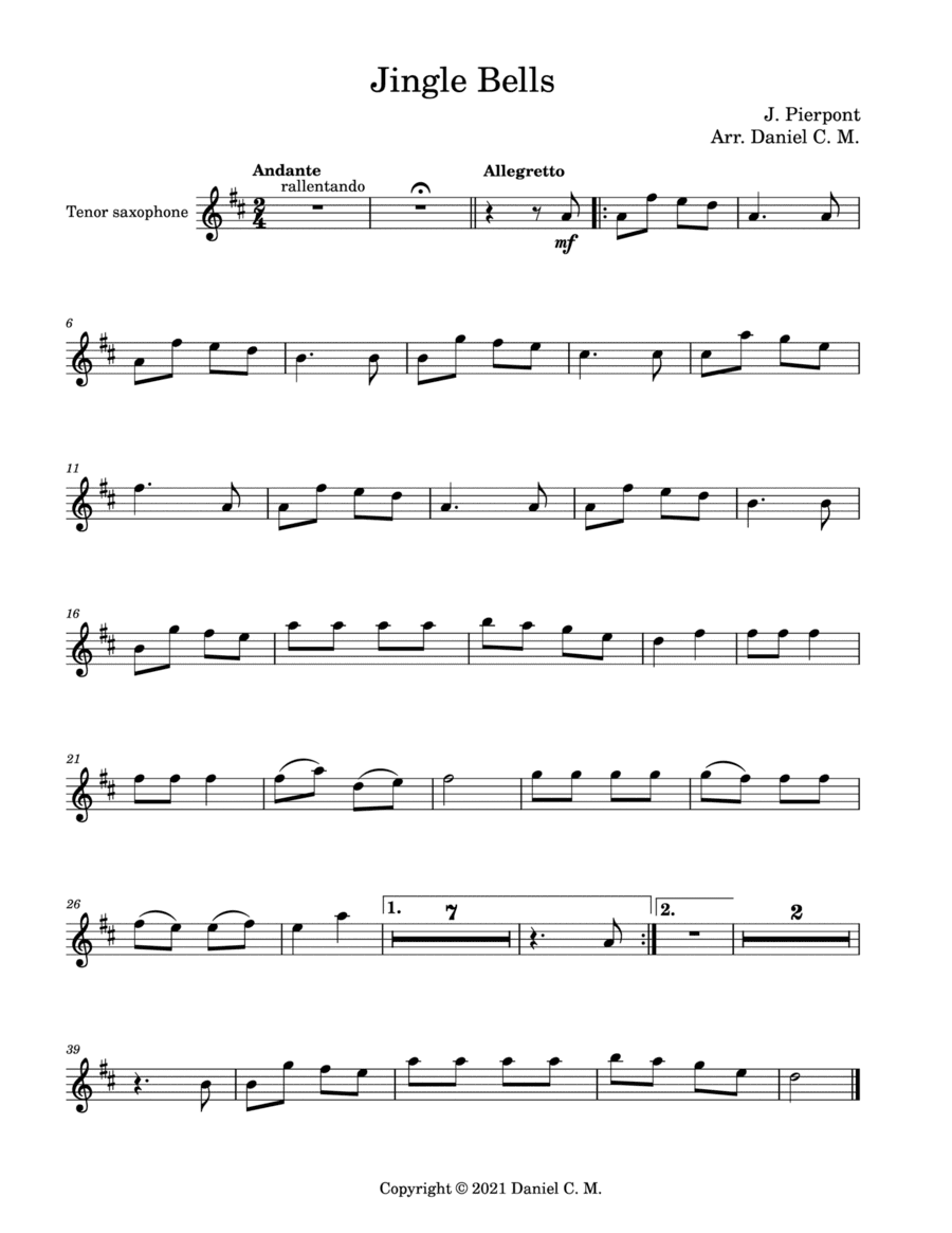 Jingle Bells for tenor saxophone and piano (easy) (arr. Daniel C. M.)
