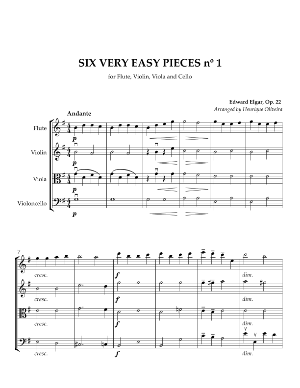 Six Very Easy Pieces nº 1 (Andante) - For Flute, Violin, Viola and Cello (arr. Henrique Oliveira)