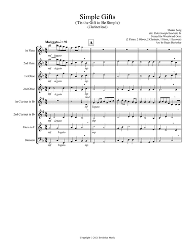 Simple Gifts ('Tis the Gift to Be Simple) (F) (Woodwind Octet - 2 Flute, 2 Oboe, 2 Clar, 1 Hrn, 1 Ba (arr. Regis Bookshar)