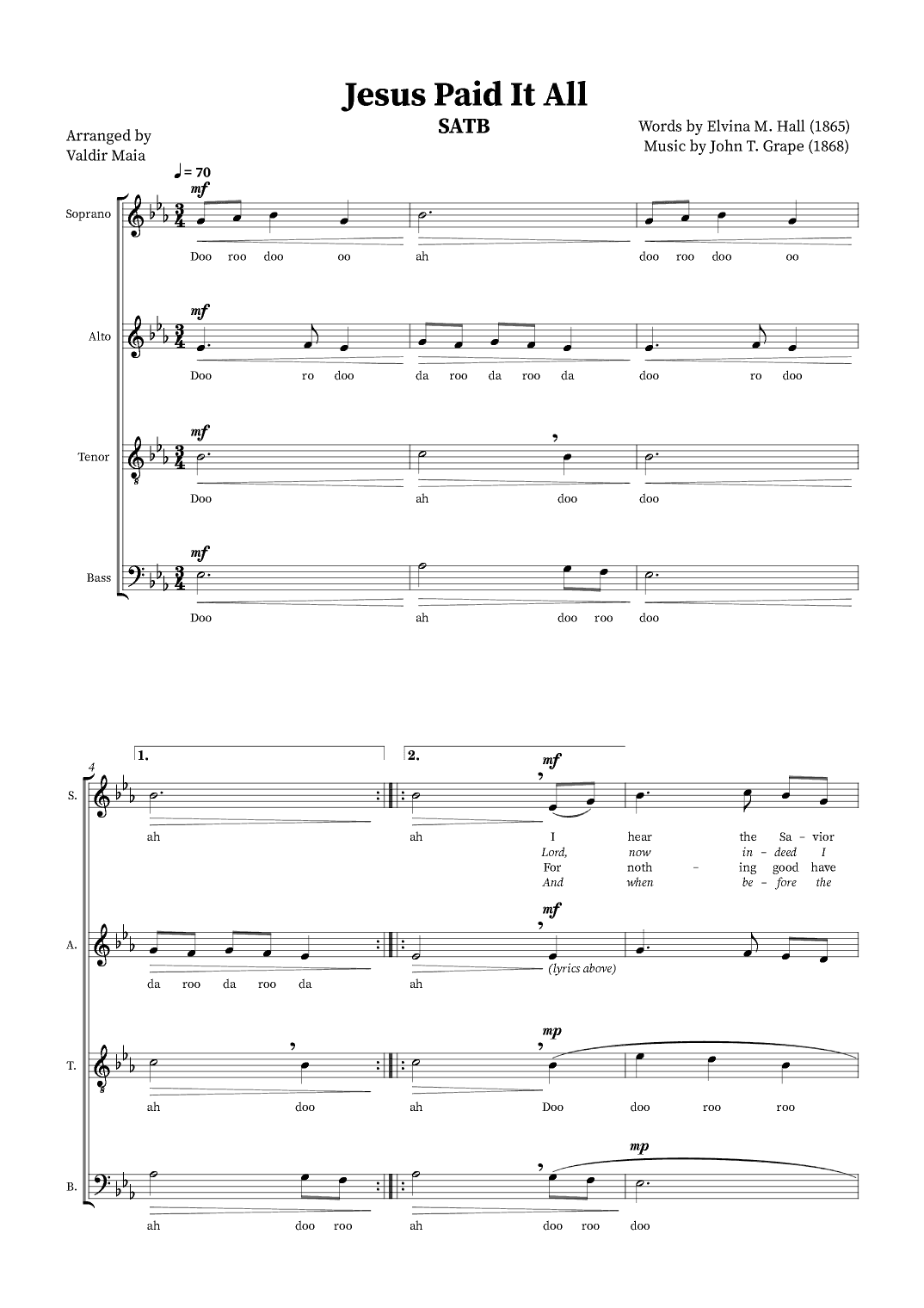 Jesus Paid It All - SATB Quartet or Choir (arr. Valdir Maia)