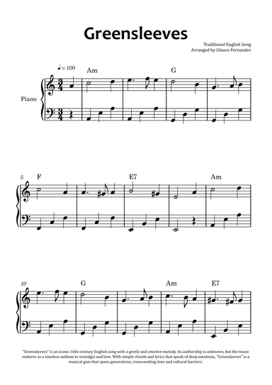 Greensleeves - Easy Piano with Chord Charts (arr. Glauco Fernandes)