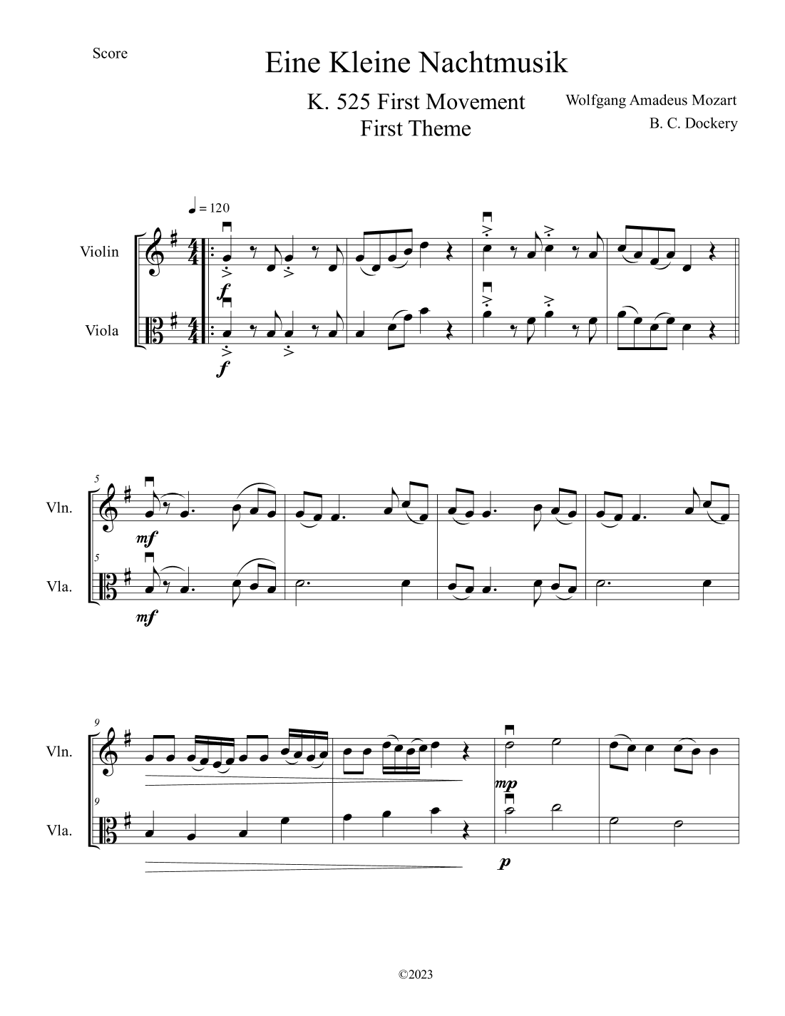 Eine Kleine Nachtmusik (A Little Night Music) for Violin and Viola Duet (arr. B. C. Dockery)