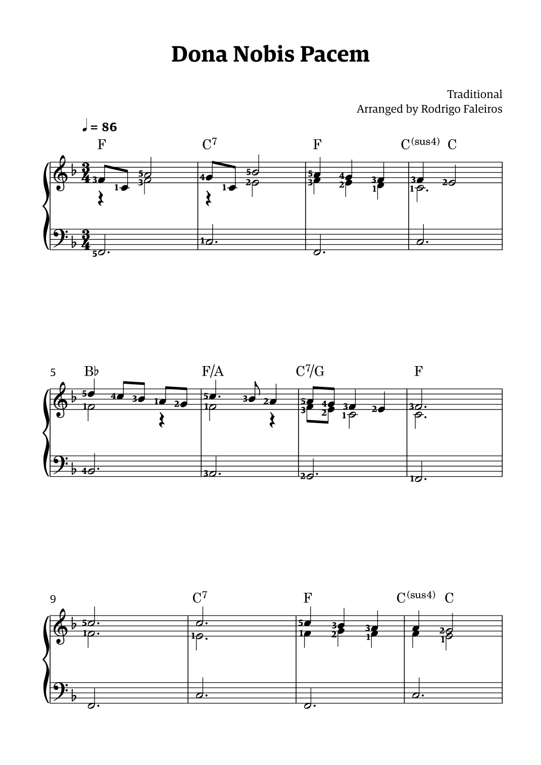 Dona Nobis Pacem - for piano (featuring chords and fingerings) (arr. Rodrigo Faleiros)