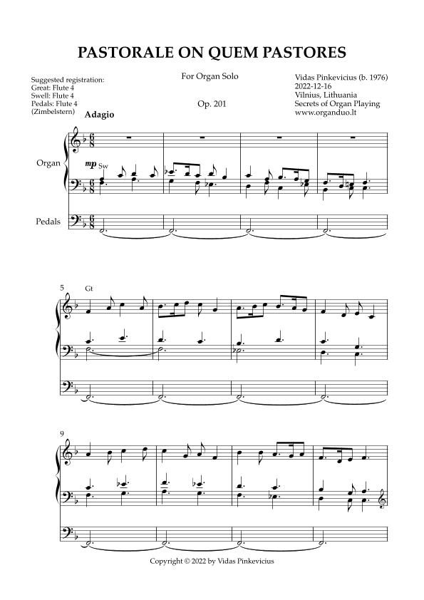 Pastorale on Quem Pastores, Op. 201 (Organ Solo) by Vidas Pinkevicius