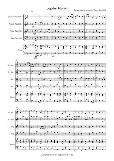 Jupiter Hymn for Recorder Quartet (arr. David Burndrett)