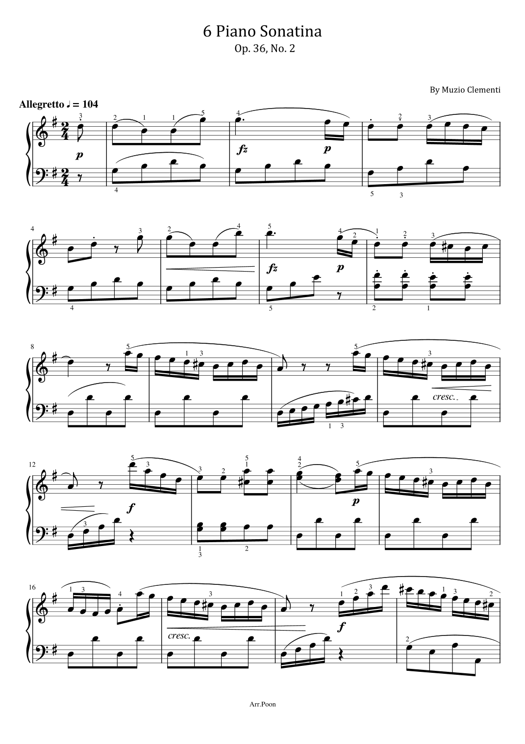 Clementi - 6 Piano Sonatina in G Major, Op.36 No.2 - For Piano Solo Original With Fingered (arr. poon)