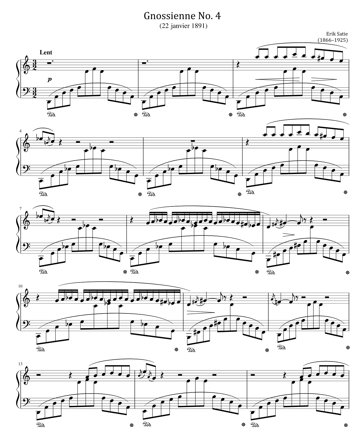 Erik Satie - Gnossiennes No.4 - from Trois Gnossiennes - Original For Piano Solo (arr. poon)