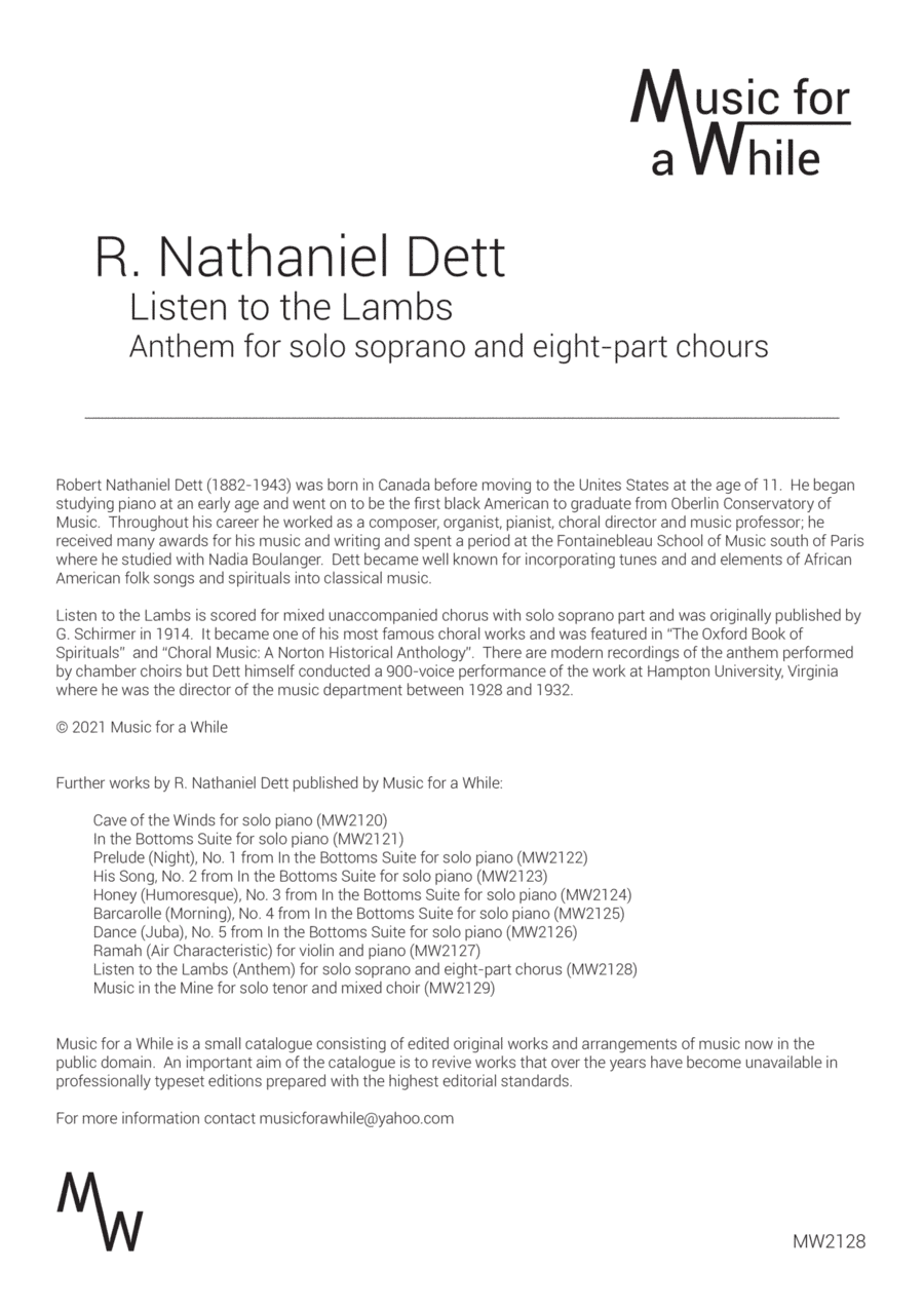 R. Nathaniel Dett - Listen to the Lambs for solo soprano and 8-part chours (arr. Music for a While)