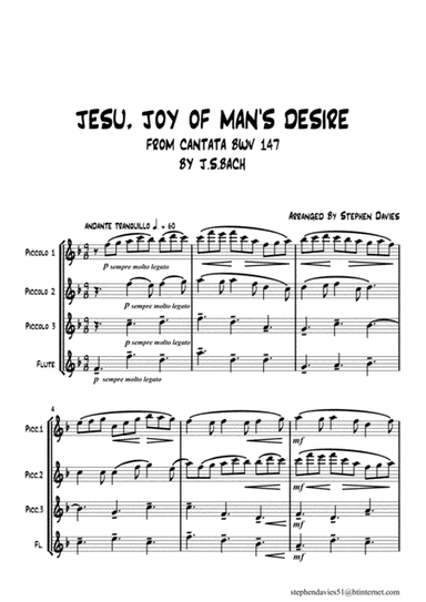Jesu, Joy Of Man's Desire' from Cantata BWV147 by J.S.Bach for 3 Piccolos & Flute (arr. Stephen Davies)