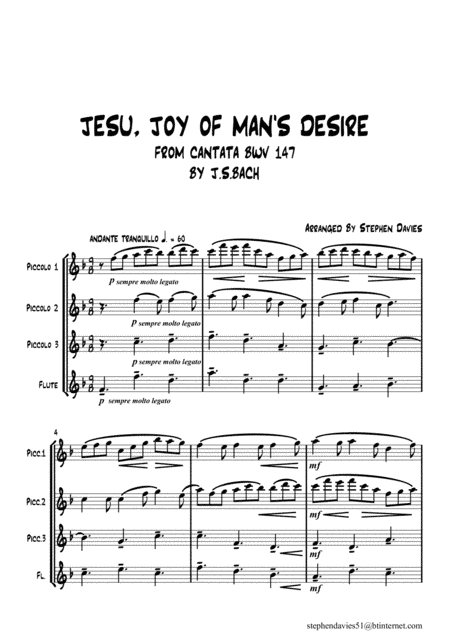 Jesu, Joy Of Man's Desire' from Cantata BWV147 by J.S.Bach for 3 Piccolos & Flute (arr. Stephen Davies)