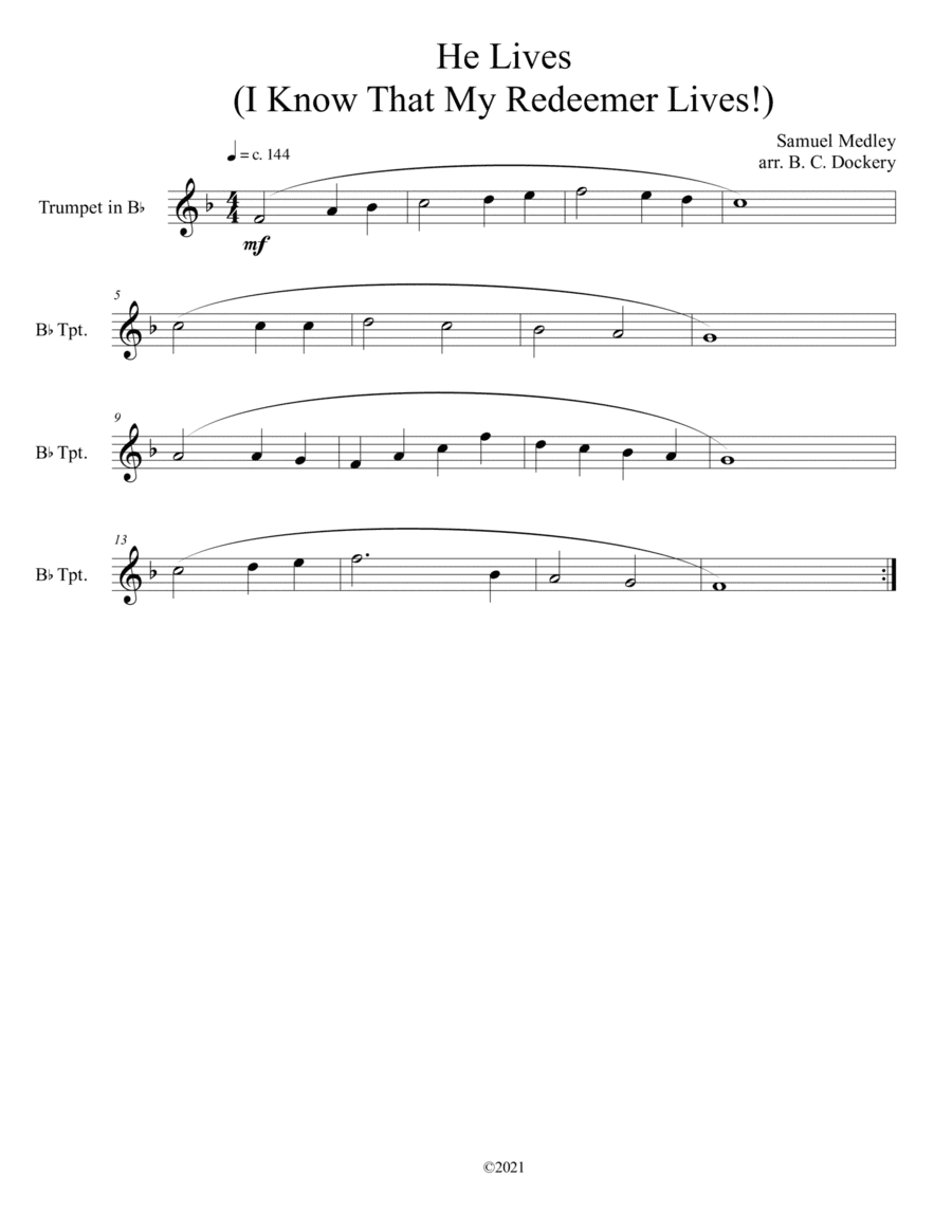 He Lives (I Know That My Redeemer Lives) for solo trumpet (arr. B. C. Dockery)