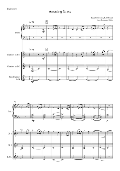 Amazing Grace (John Newton, E. O. Excell) for Clarinet Trio and and Piano Accompaniment with Chords (arr. Fernando Britto)