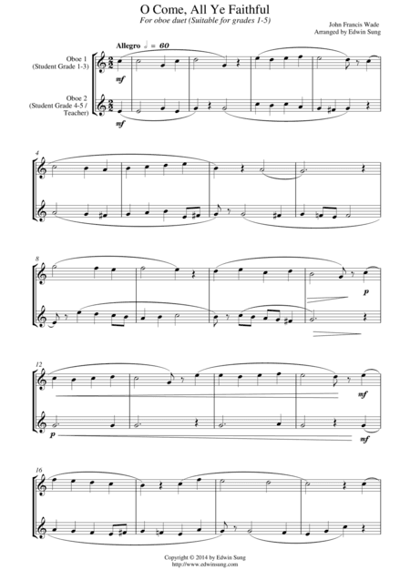 O Come, All Ye Faithful (for oboe duet, suitable for grades 1-5) (arr. Edwin Sung)