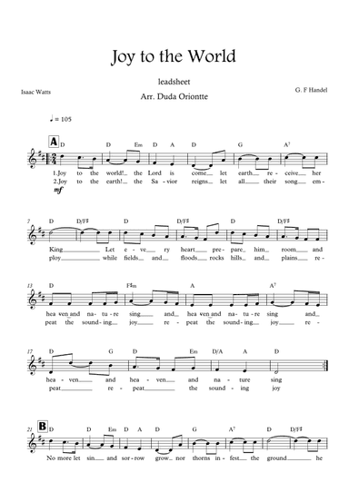 Joy to the World (D major - leadsheet - with lyrics) (arr. Duda Oriontte)