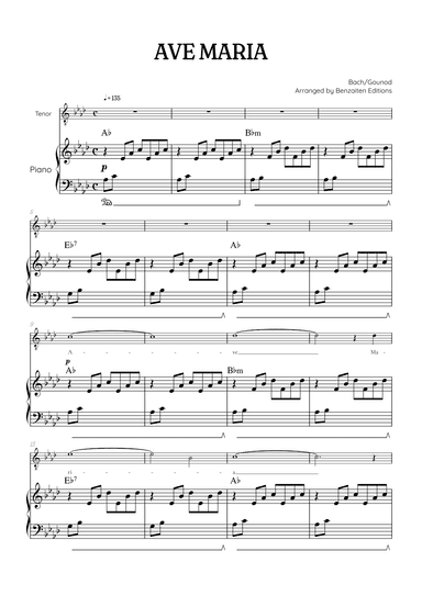 Bach / Gounod Ave Maria in A flat [Ab] • tenor sheet music with piano accompaniment and chords (arr. Benzaiten Editions)