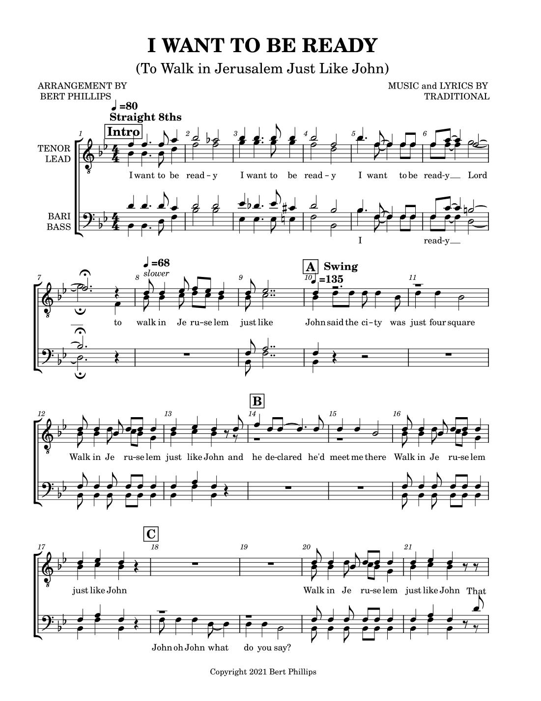 I Want To Be Ready (To Walk in Jerusalem Just Like John) TTBB (arr. Bert Phillips)