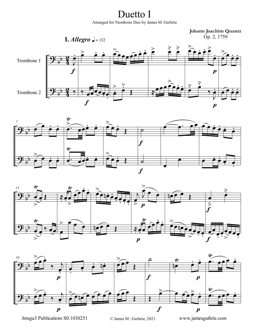 Quantz: Six Duos Op. 2 Complete for Trombone Duo (arr. James M. Guthrie)