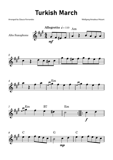 Turkish March by Mozart - Alto Saxophone Solo with Chord Notations (arr. Glauco Fernandes)