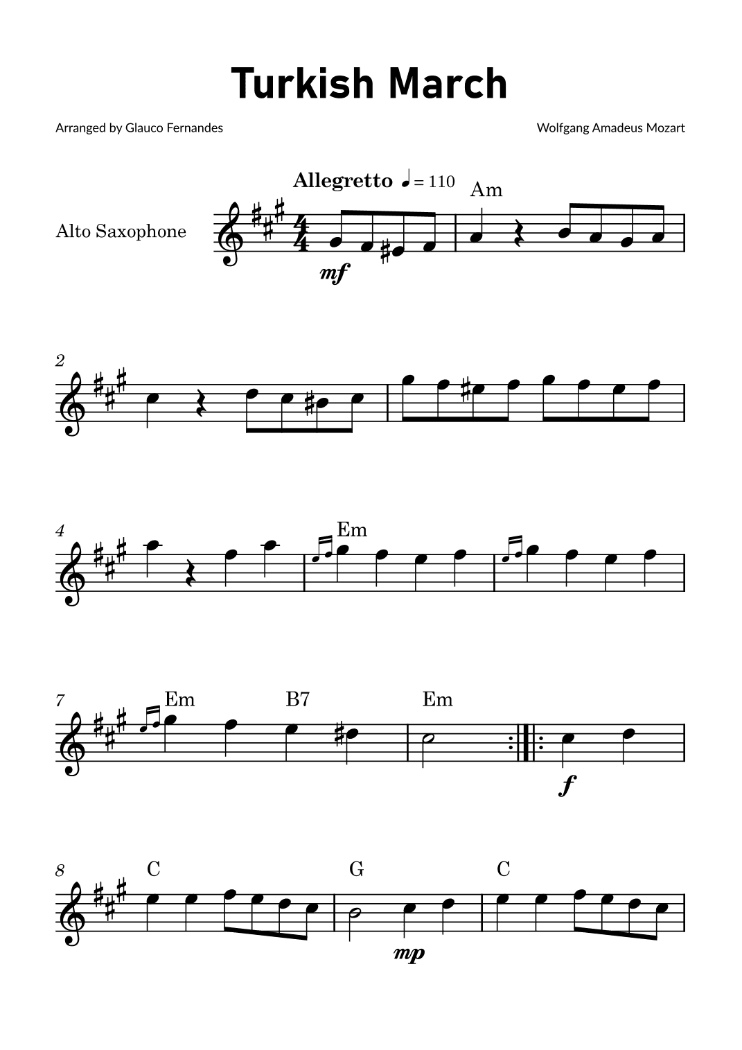 Turkish March by Mozart - Alto Saxophone Solo with Chord Notations (arr. Glauco Fernandes)