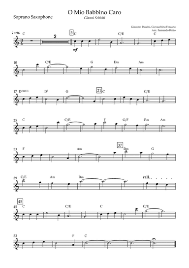 O Mio Babbino Caro (Puccini) for Soprano Saxophone Solo with Chords (arr. Fernando Britto)