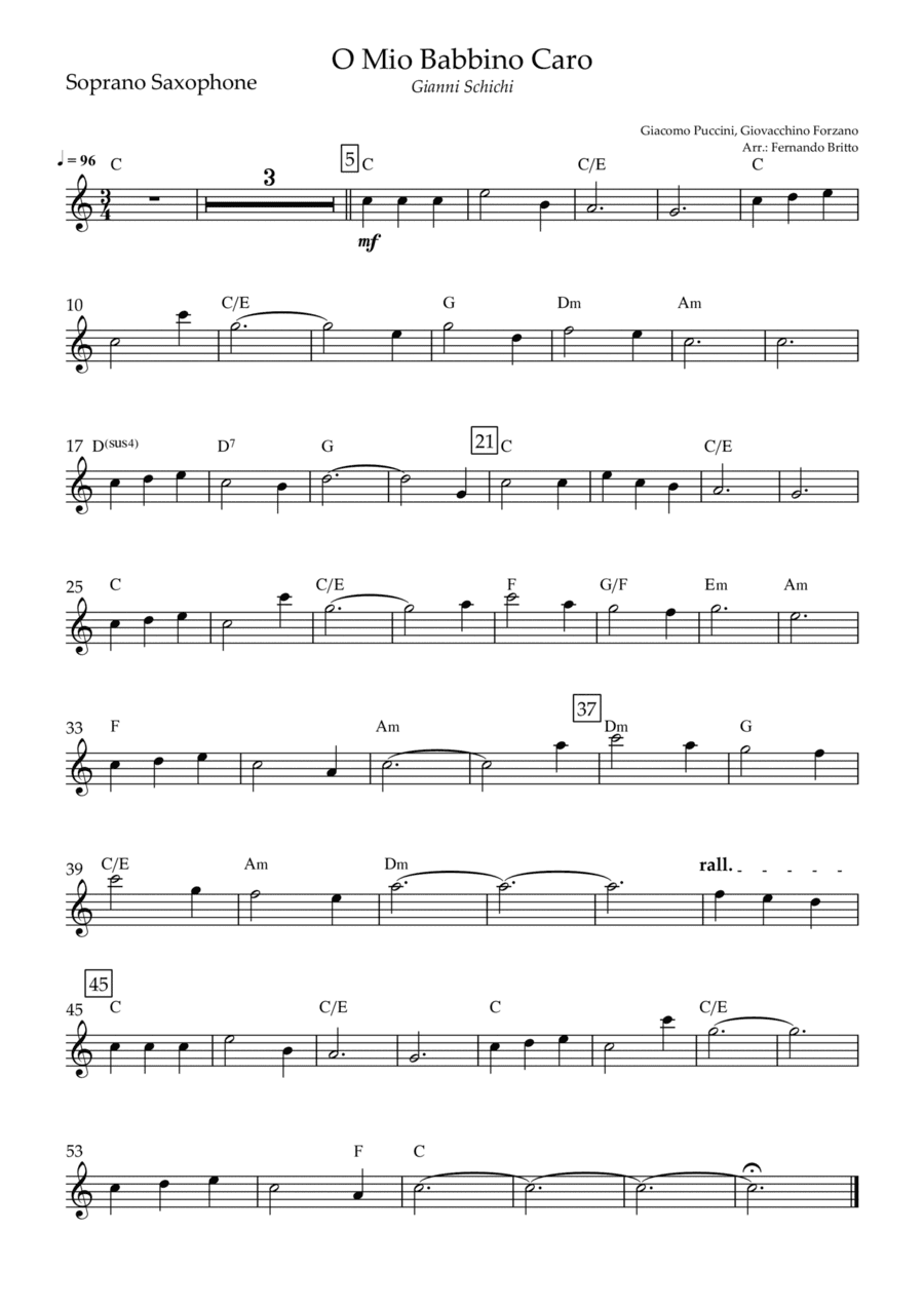 O Mio Babbino Caro (Puccini) for Soprano Saxophone Solo with Chords (arr. Fernando Britto)