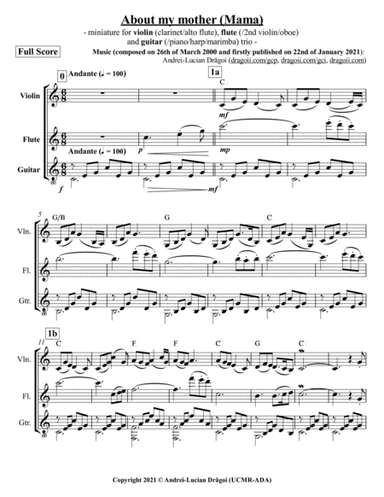 About my mother (Mama) - miniature for violin (clarinet/alto flute), flute (/2nd violin/oboe) and gu