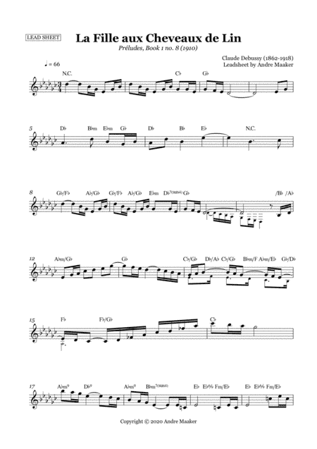 La Fille aux Cheveaux de Lin / The Girl With The Flaxen Hair by Claude Debussy. Lead sheet - melody/ (arr. Andre Maaker)
