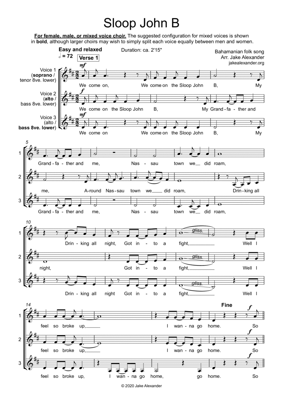 Sloop John B - SAA/TBB/SAB a cappella (arr. Jake Alexander)