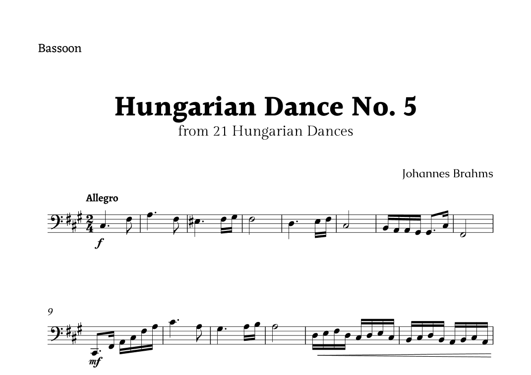 Hungarian Dance No. 5 by Brahms for Bassoon Solo (arr. Rika K.)