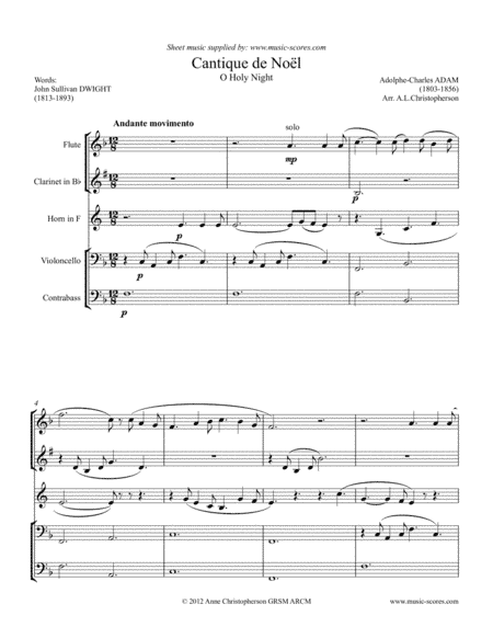 O Holy Night; Cantique de Noel - Flute, Clarinet, French Horn, Cello and Double Bass (arr. Anne L Christopherson GRSM ARCM)