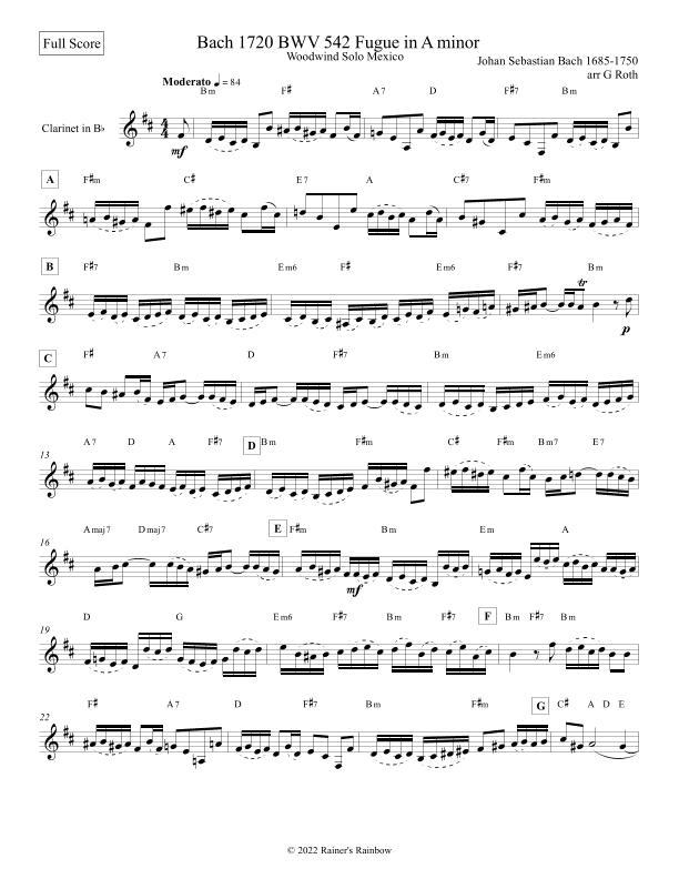 Bach 1720 BWV 542 Fugue in Am or Gm Clarinet Solo (arr. R G Roth)