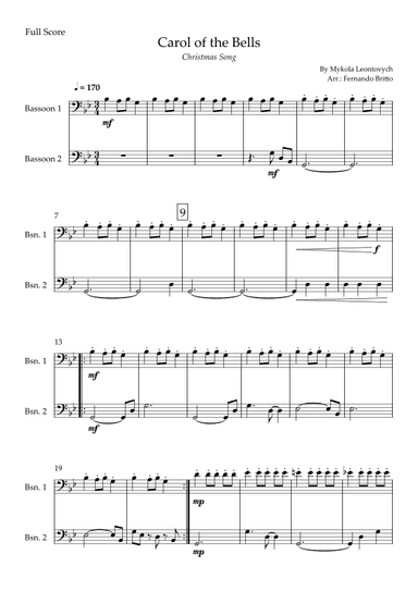 Carol of the Bells in Jazz Version (Christmas Song) for Bassoon Saxophone Duo (arr. Fabio Britto)