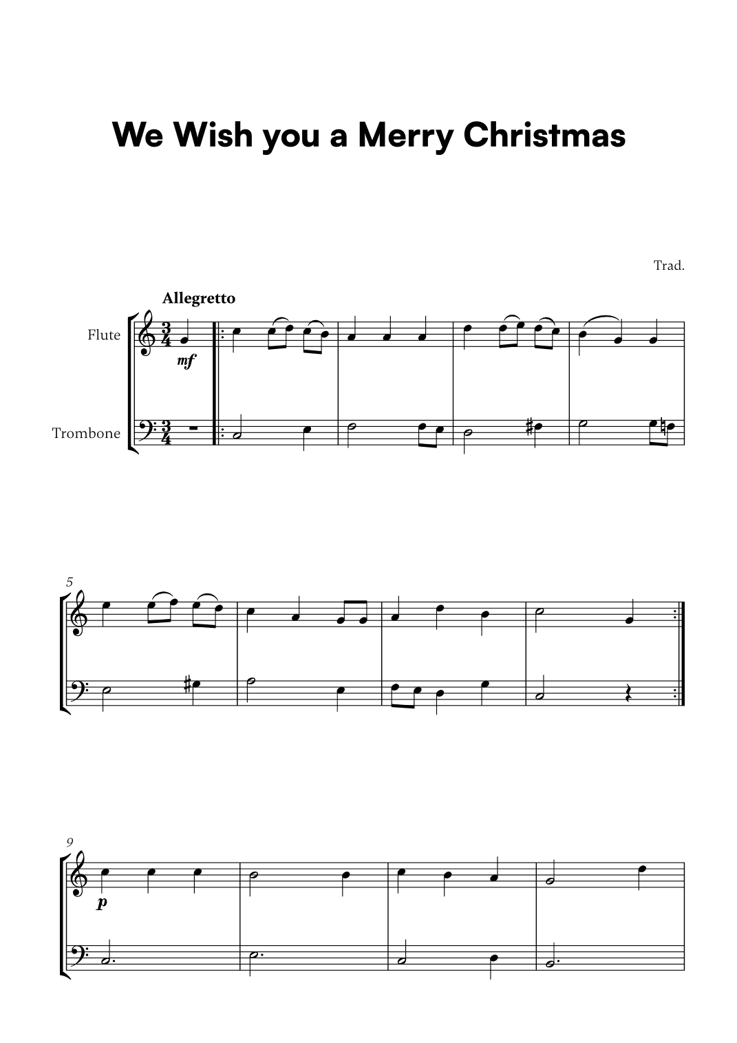 Trad. - We Wish you a Merry Christmas (for Flute and Trombone) (arr. Cadenza Editions)