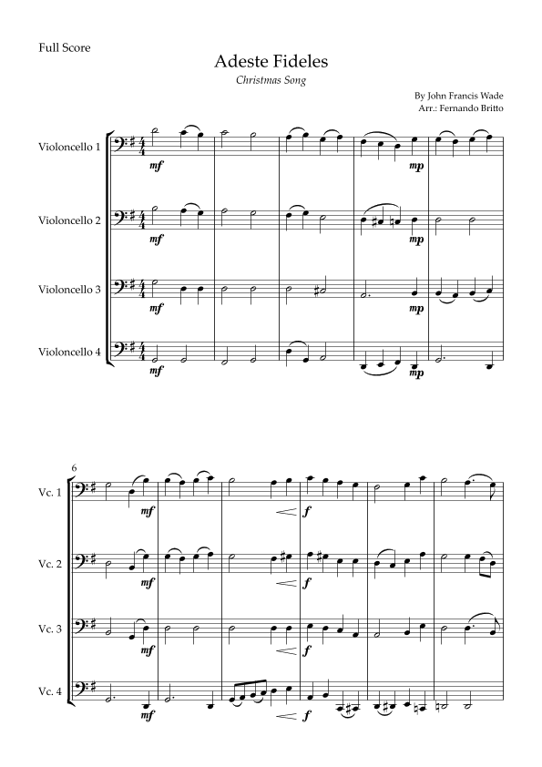 Adeste Fideles (Christmas Song) for Cello Quartet (arr. Fernando Britto)