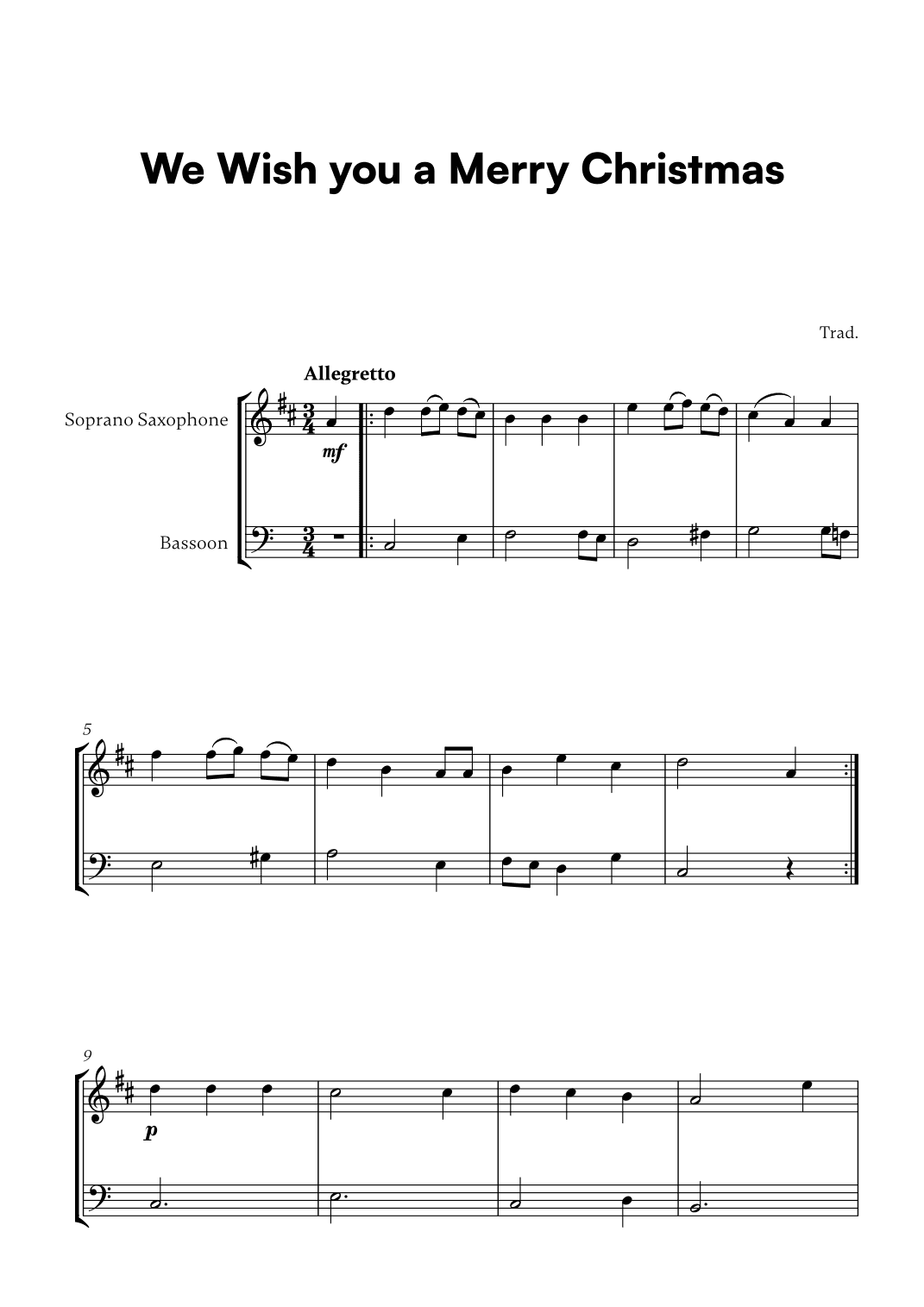 Trad. - We Wish you a Merry Christmas (for Soprano Saxophone and Bassoon) (arr. Cadenza Editions)