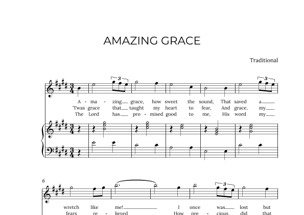 AMAZING GRACE - for piano and soprano in E major with chords (arr. Alex Nunes Rodrigues)