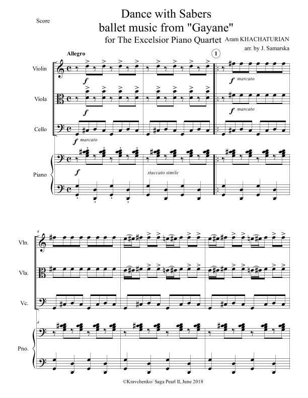 Aram Khachaturian - Sabre Dance (Dance with Sabers) arr. for piano quartet (score and parts) (arr. Julia Samarska)