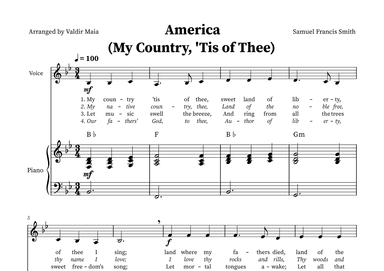 America (My Country, 'Tis of Thee) - Voice and Piano in B-flat (+CHORDS) (arr. Valdir Maia)