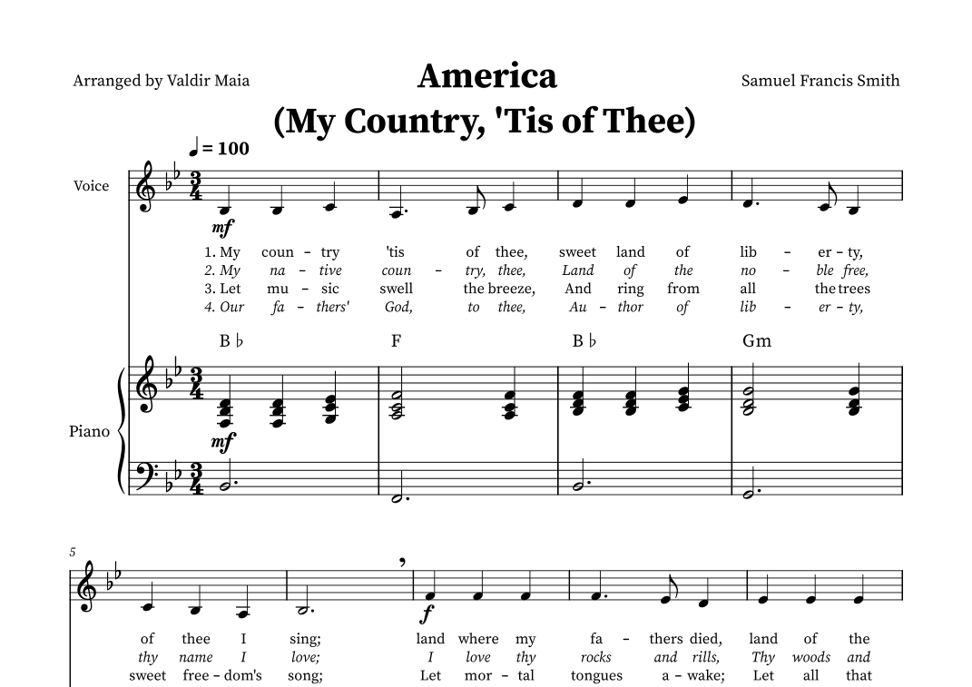 America (My Country, 'Tis of Thee) - Voice and Piano in B-flat (+CHORDS) (arr. Valdir Maia)