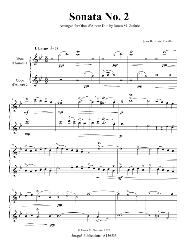 Loeillet: Sonata No. 2 for Oboe d’Amore Duo (arr. James M. Guthrie)